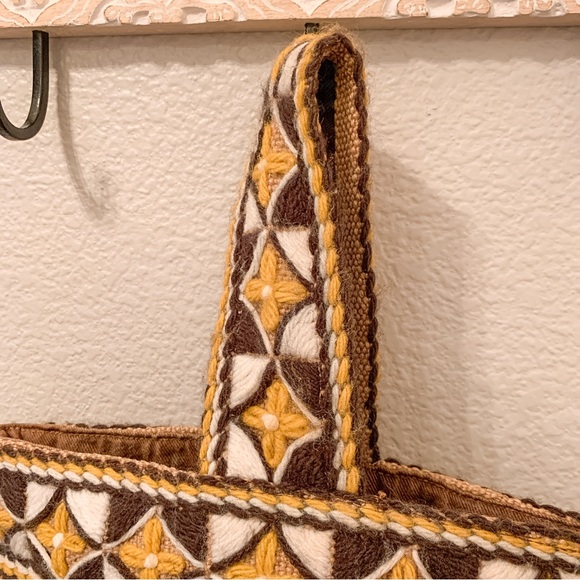 Vintage Handmade Burlap Embroidered Satchel Hand Bag Geometric Tan Brown Boho - Picture 8 of 15